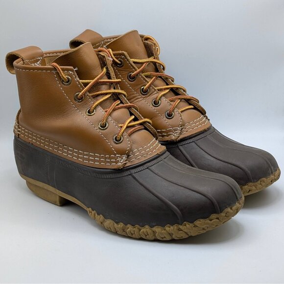 LL Bean Women’s Size 7M Tan Brown Leather Lace Up Ankle Duck Boots USA Made - Picture 1 of 7